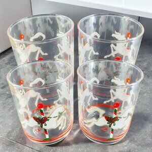 1990s Libbey Christmas‎ Carousel Horse Glass Tumbler Set 4 USA Barware Glasses